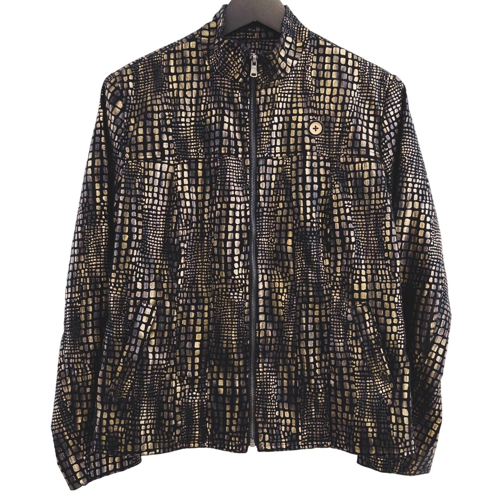 Erin London Moto‎ Jacket Women M Gold Metallic Textured Faux Snake Skin Zip Up